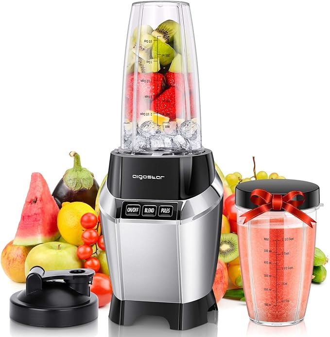 Aigostar Bullet Blender for Shakes and Smoothies, Personal Blender for Kitchen, Smoothie Blender Juice Licuadora Crushing Ice Puree Frozen Fruit, Countertop Blender with 24&20 oz To-Go Cups