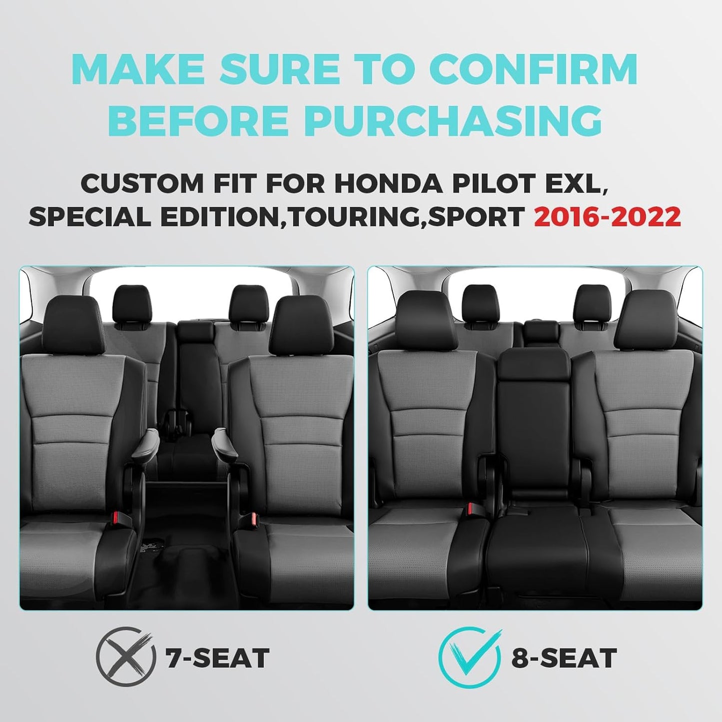 for Honda Pilot Seat Covers - Car Seat Covers Full Set Custom Fit Pilot EX-L, Special Edition, Touring, Sport 2016 2017 2018 2019 2020 2021 2022 8 Seats, Leather Automotive Seat Covers