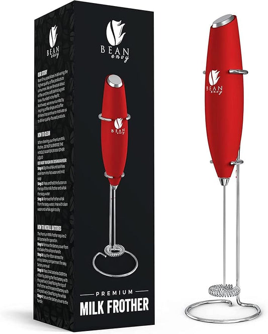 Bean Envy Milk Frother Handheld for Coffee - Electric Hand Blender, Mini Drink Mixer Whisk & Coffee Foamer Wand with Stand for Lattes, Cappuccino, Matcha and Hot Chocolate - Kitchen Gifts - Red