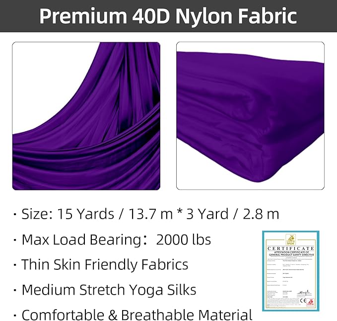 PRIOR FITNESS Aerial Silks Kit Colorful 9/15/20 Yards 40D Nylon Fabric Hammock Set With Hardware & Guide for All Levels Of Aerial Yoga Practice and Acrobatic Flying For Adults Aerial silk