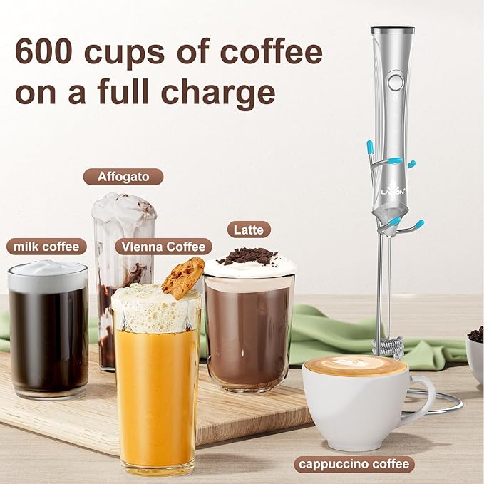 Rechargeable Frother Wand with Stand, Milk Frother with Detachable Stainless Steel Double Rings Whisk, 3-Speed Handheld Electric Drink Mixer for Lattes, Cappuccino, Coffee (Sliver)