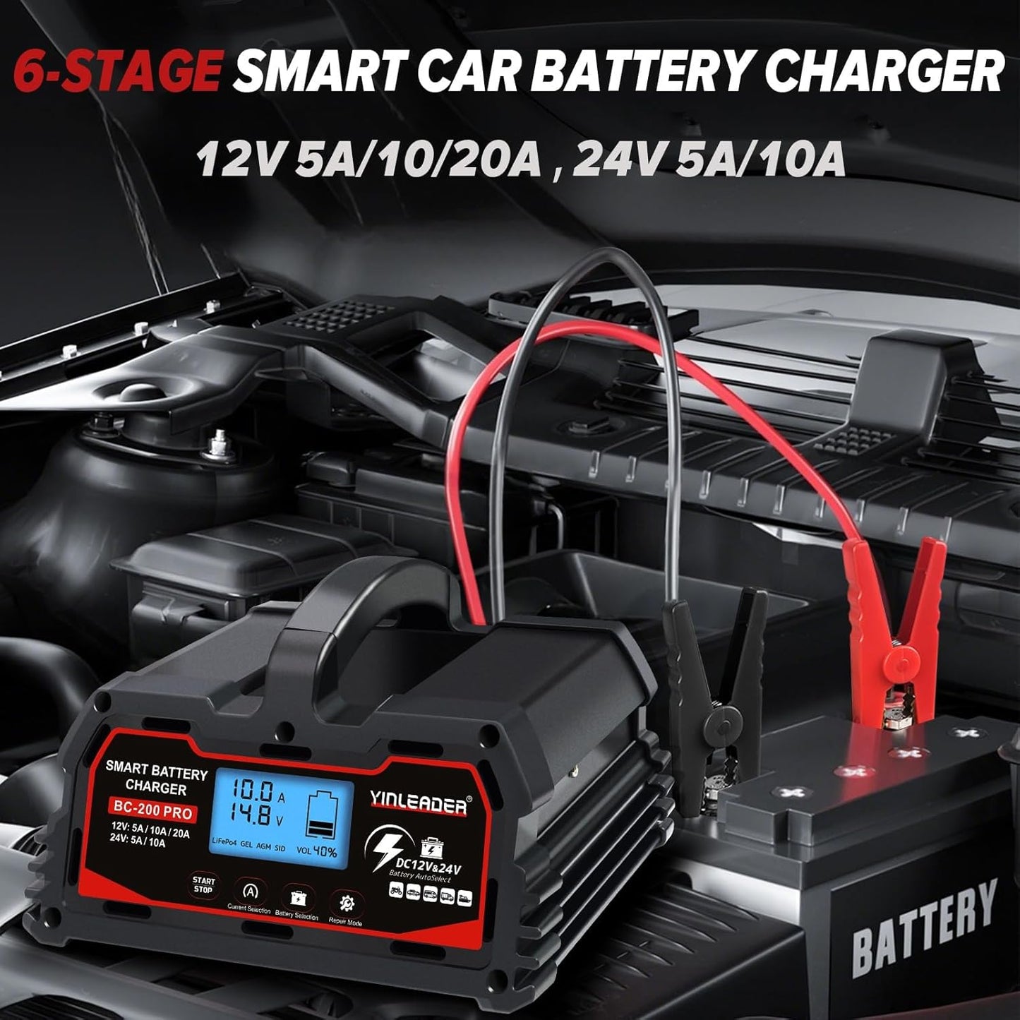 Battery Charger 20A, 12V/24V Lead Acid Smart Battery Charger, 12V LiFePO4 Car Battery Trickle Charger, Automatic Battery Maintainer for Car Motorcycle Lawn Mower Marine Boat Lead Acid Batteries