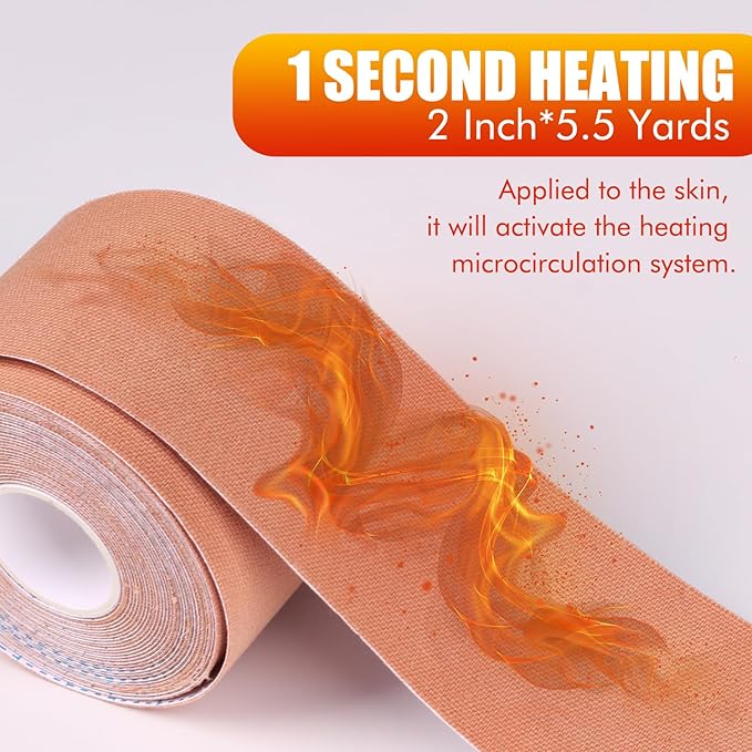 Akissos Heat Hot Kinesiology Tape Pads Pain Relief Patches Multi Purpose Kinesiology Recovery Tapes for Back, Shoulder, Knee, Joint, 1 Second Activated Heating, 24 Hours Warm, 2" Wide 16.5 Feet High