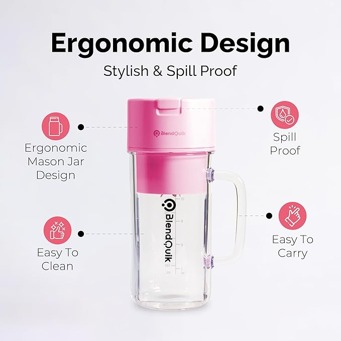 Personal Portable Blender For Shakes & Smoothies, Leakproof & Stylish Portable Mason Jar Shaker, Rechargeable Mini Blender with 10-Blade Blending System 14oz, Pink