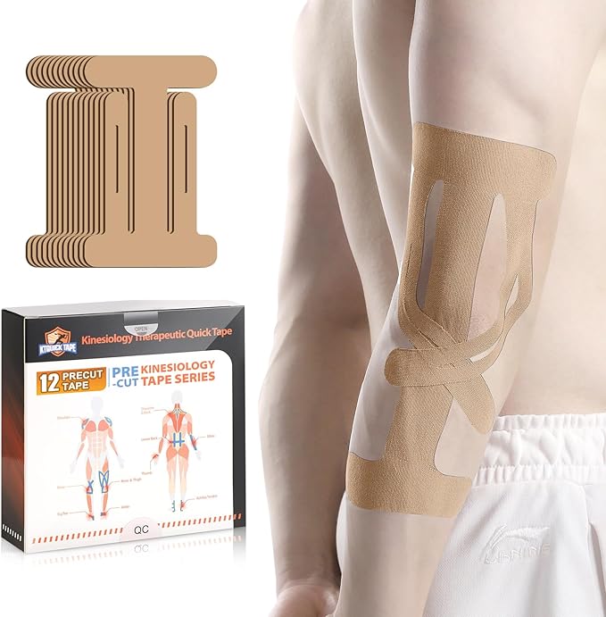 12 Count Kinesiology Tape for Elbow, Pre-Cut Waterproof KTquick Elbow Tape for Elbow Pain Relief Pre Cut, Original Cotton Athletic Tape, Durable Knee Tape for Sports and Long-Lasting Support (Beige)