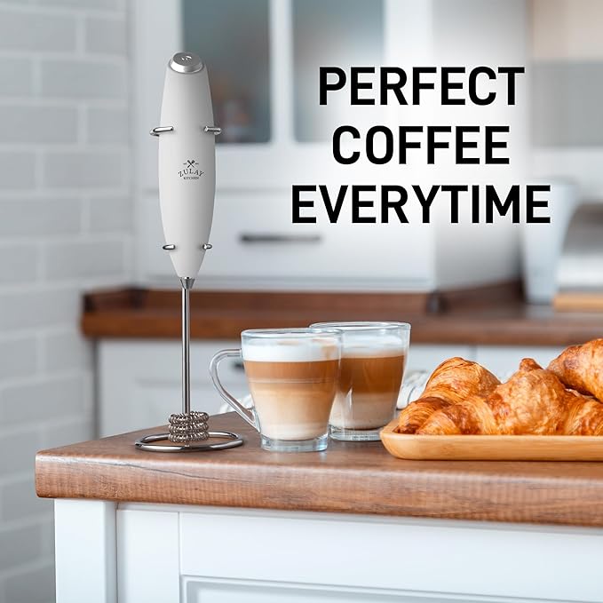 Zulay Kitchen Tornado Whisk Milk Frother with 4 AA Duracell Batteries - Triple Whisk for More Power - Handheld Coffee Frother with Stand - Drink Mixer for Lattes, Matcha & Protein Shakes