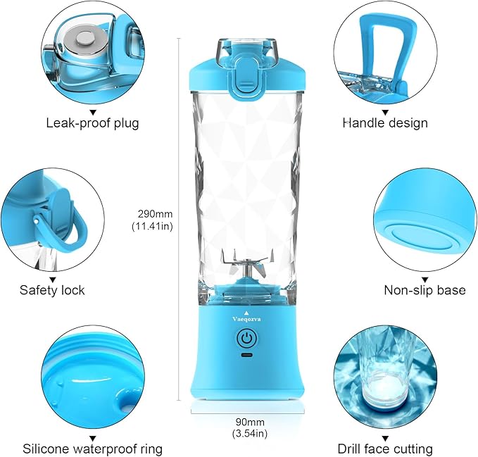 Portable Blender, Personal Size Blender for Shakes and Smoothies, Waterproof 20OZ USB Rechargeable Mini Blender Cup with 6 Sharper Blades 240W powerful Hand-held Blender for Kitchen/Home/Travel, Blue