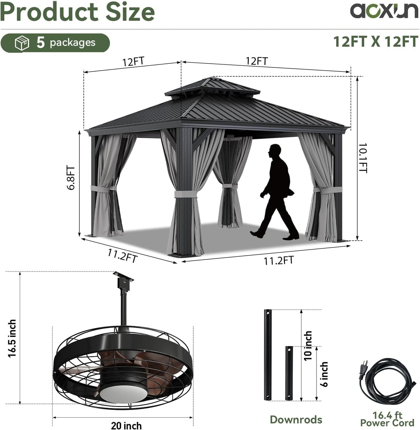 Aoxun 12' X 12' Hardtop Gazebo with Drainage System, Aluminum Outdoor Gazebo with Galvanized Steel Double Roof, Patio Permanent Metal Pavilion with 20 inch Ceiling Fan, for Garden, Deck, Grey