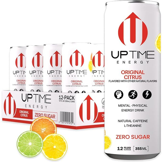 UPTIME Energy Drink, Original Citrus Sparkling, 12 Pack, Vitamin C, L Theanine, Calcium, Sugar Free Energy Drinks for Focus Support, 142mg of Natural Caffeine, 5 Calories, Clean, Natural, 12 fl oz Cans