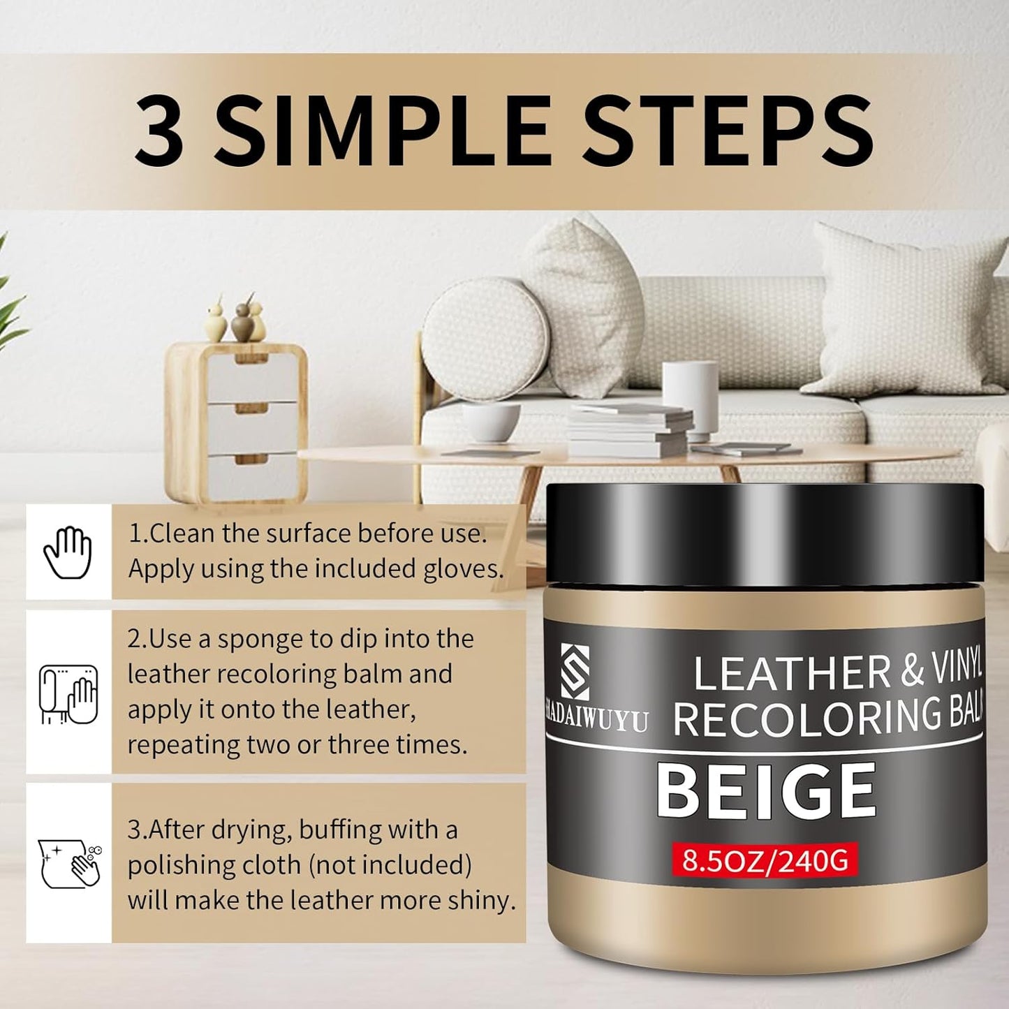 Leather Recoloring Balm,8.5oz Leather Color Restorer,Beige Leather Repair kit for Furniture and Car Interior,Leather Couch Scratch Repair,Leather Dye Paint for Faded,Cracked and Damaged Leather