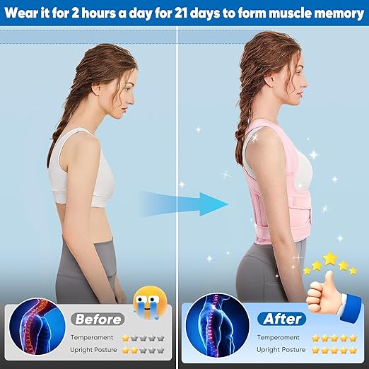 Back Brace Posture Corrector for Women, Adjustable Shoulder Straightener for Upper and Lower Back Pain Relief, Back Support Hunchback Corrector Pink (Large)