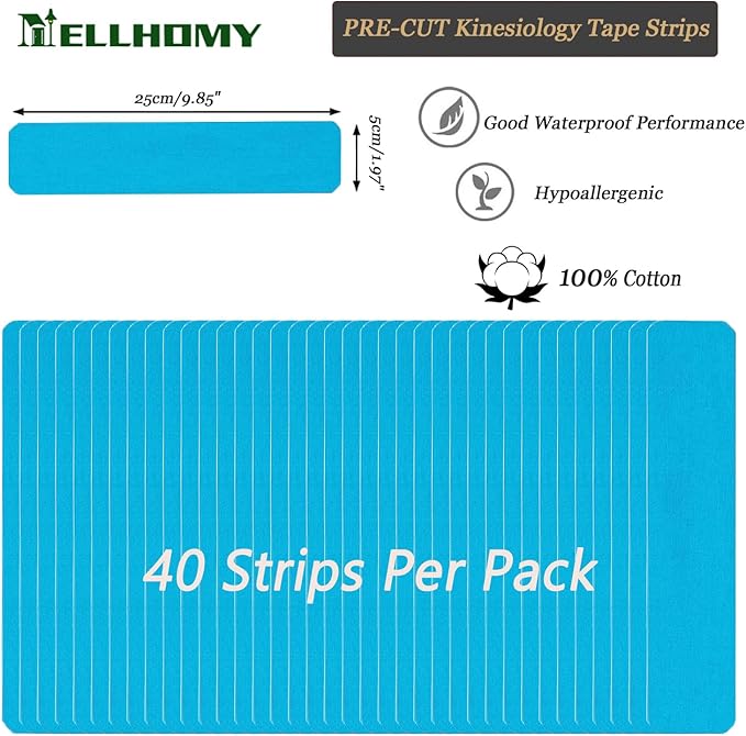 Kinesiology Tape Precut - 40Strips [10in x 2in]| Pro Elastic Athletic Tape, Cotton Waterproof Hypoallergenic Sports Tape for Joints Support & Muscle Pain Relief,Perfect for Any Activity(Blue,)