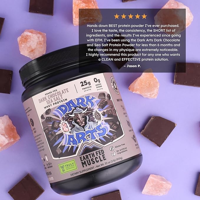 Earth Fed Muscle Dark Arts Grass Fed Truly Grass Fed Whey Protein Powder - No Artificial Ingredients, Soy Free, Gluten Free, Non-GMO and Hormone Free (2 Pound, 26 Servings, Salted Chocolate)