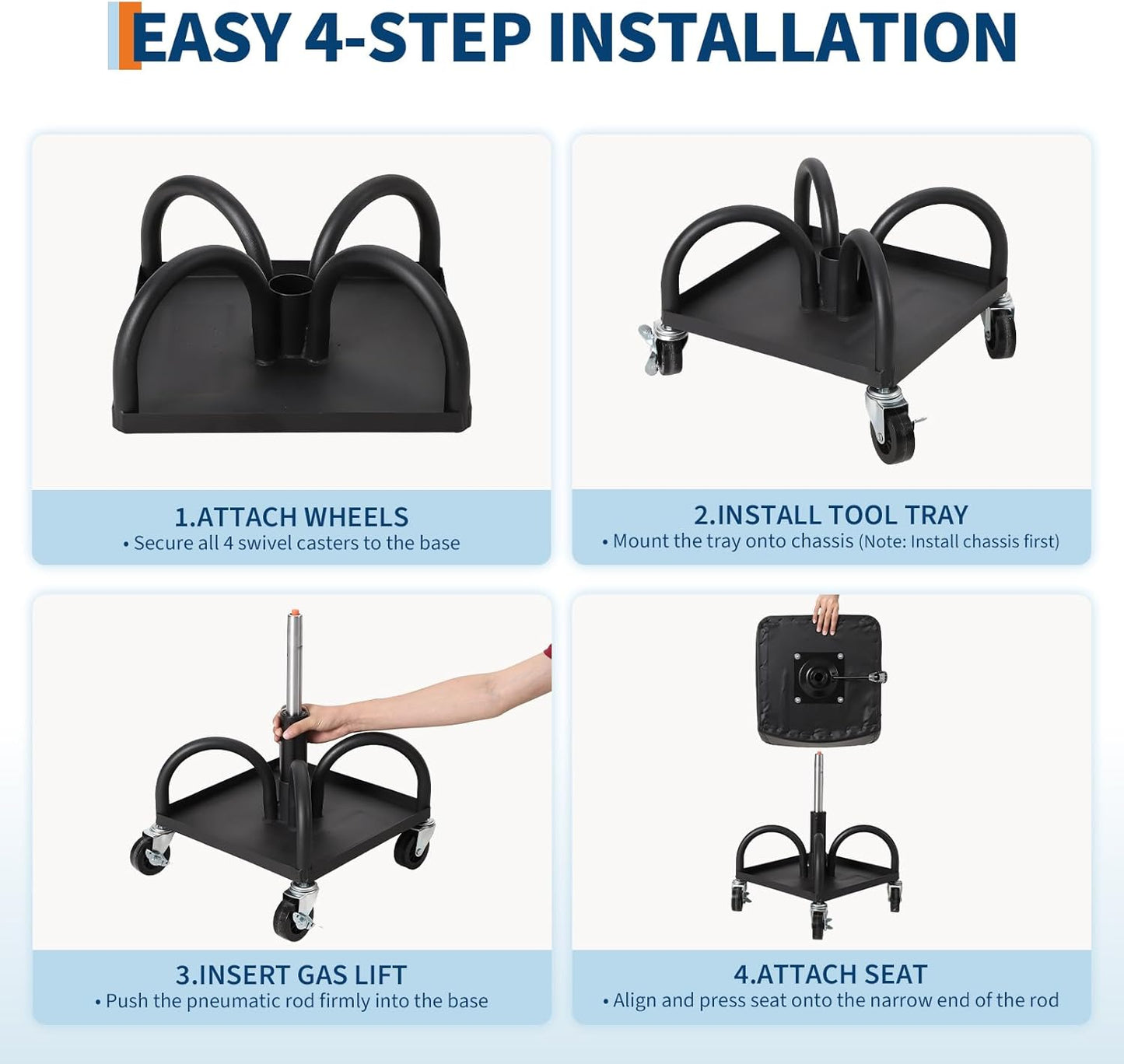 Garage Stool, 19”-25” Adjustable Rolling Mechanic Stool with Universal Wheels, Removable Magnetic Tool Tray, 300LBS Capacity, Roller Creeper Seat, Shop Chair