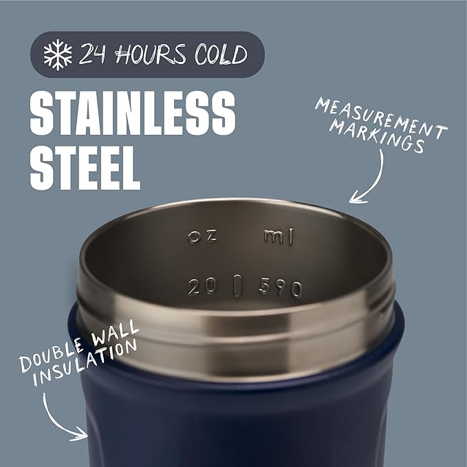 BlenderBottle Sport Insulated Stainless Steel Shaker Bottle with Wire Whisk, 24-Ounce, Navy – Protein Shakes & Hydration for Athletes & Fitness Enthusiasts, Easy Mixing, Keeps Drinks Cold, Lockable Lid