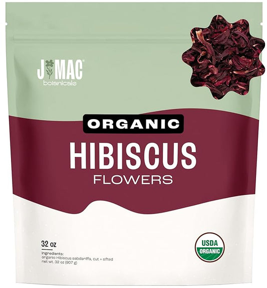 J MAC BOTANICALS Certified Organic Hibiscus Flower (2 Pounds), Hibiscus Tea, Cut & Sifted Flowers, Flor de Jamaica