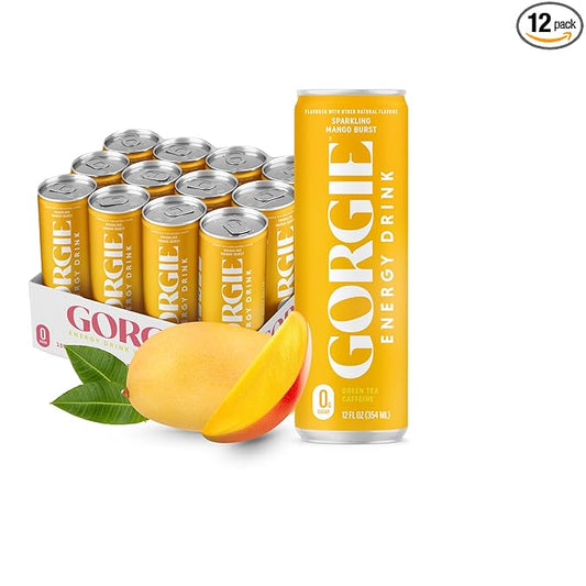GORGIE Sugar Free Natural Energy Drinks, Sparkling Mango Tango (12 Pack) - Healthy Energy Drinks - Natural Coffee Replacement with Green Tea Caffeine and Biotin - 150mg Caffeine, Vegan, & Low Calorie