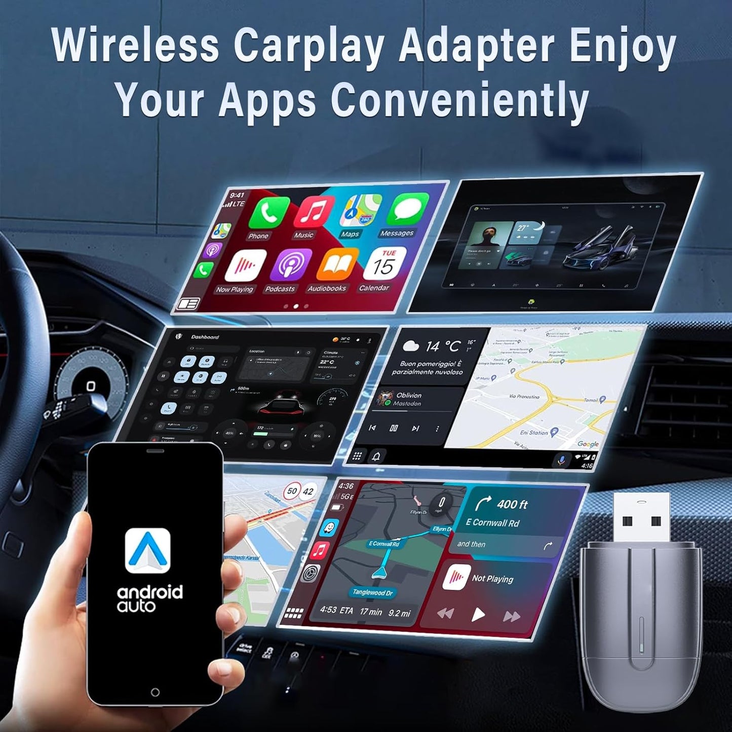 Wireless CarPlay Adapter for Apple, Easy to Upgrade Wired CarPlay to Wireless, Plug & Play, Mini Size with USB A & Type-C, Bluetooth Wireless Control Adapter for Cars from 2017 and iOS 10+ (Silver)