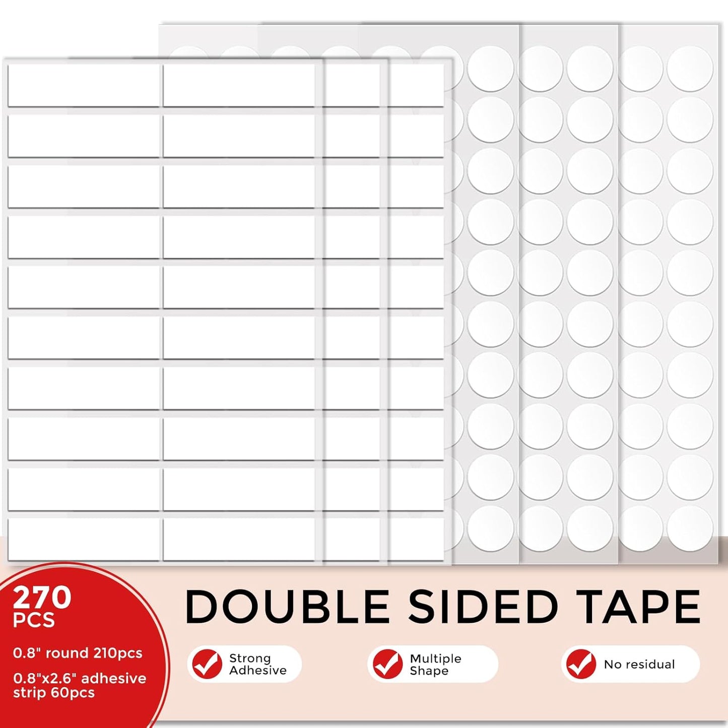 270pcs Double Sided Tape Wall Nano Sticky Dots Mounting Putty Two Sided Adhesive Strips Strong Sticky Tack No Traces - Crafts Poster Decoration Picture Hanging Crafting Party - 0.8" Round & Strips