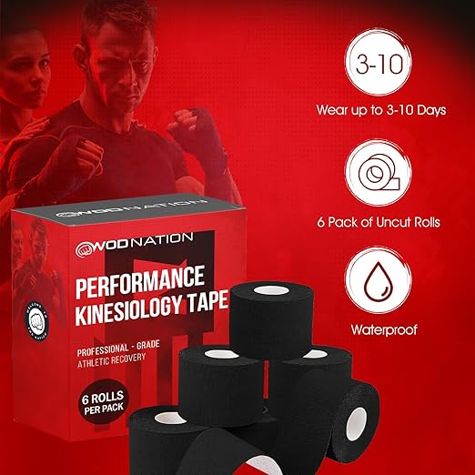 WOD Nation Kinesiology Tape Roll 6-Pack Latex Free, Waterproof Athletic and Sports Tape for Pain Relief - Supports & Stabilizes Knee, Muscles, Joints - 2in x 16.4ft Per Roll, Black