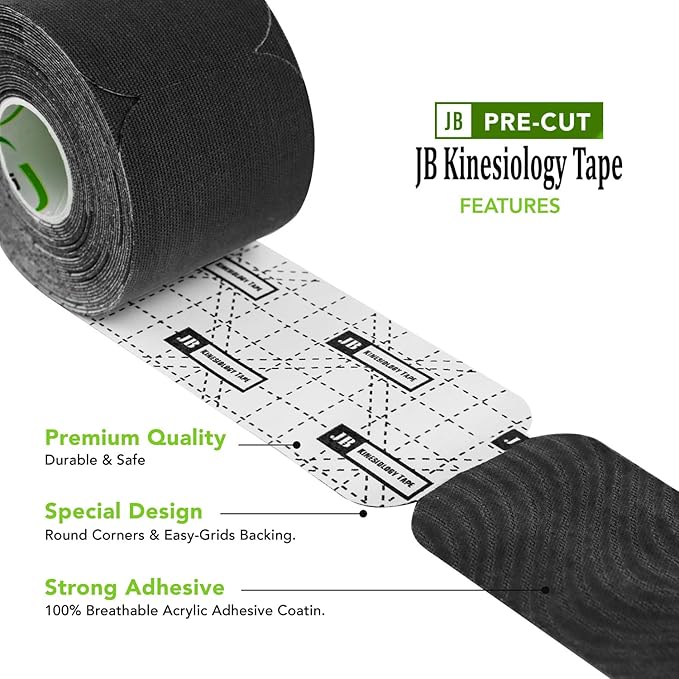 JB Tape, Precut Kinesiology Strips 4 Rolls- (80 Count, 10") Elastic, Latex-Free, Water Resistant, Athletic Sports Tape for Body, Joint & Muscle Support. (Black)