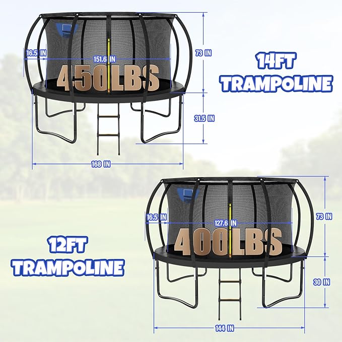 Trampoline 8FT 10FT 12FT 14FT 16FT, Outdoor Trampolines for Kids and Adults, Recreational Trampoline with Enclosure Net & Ladder, Round Trampoline ASTM Approved, 400/450LBS Weight Capacity