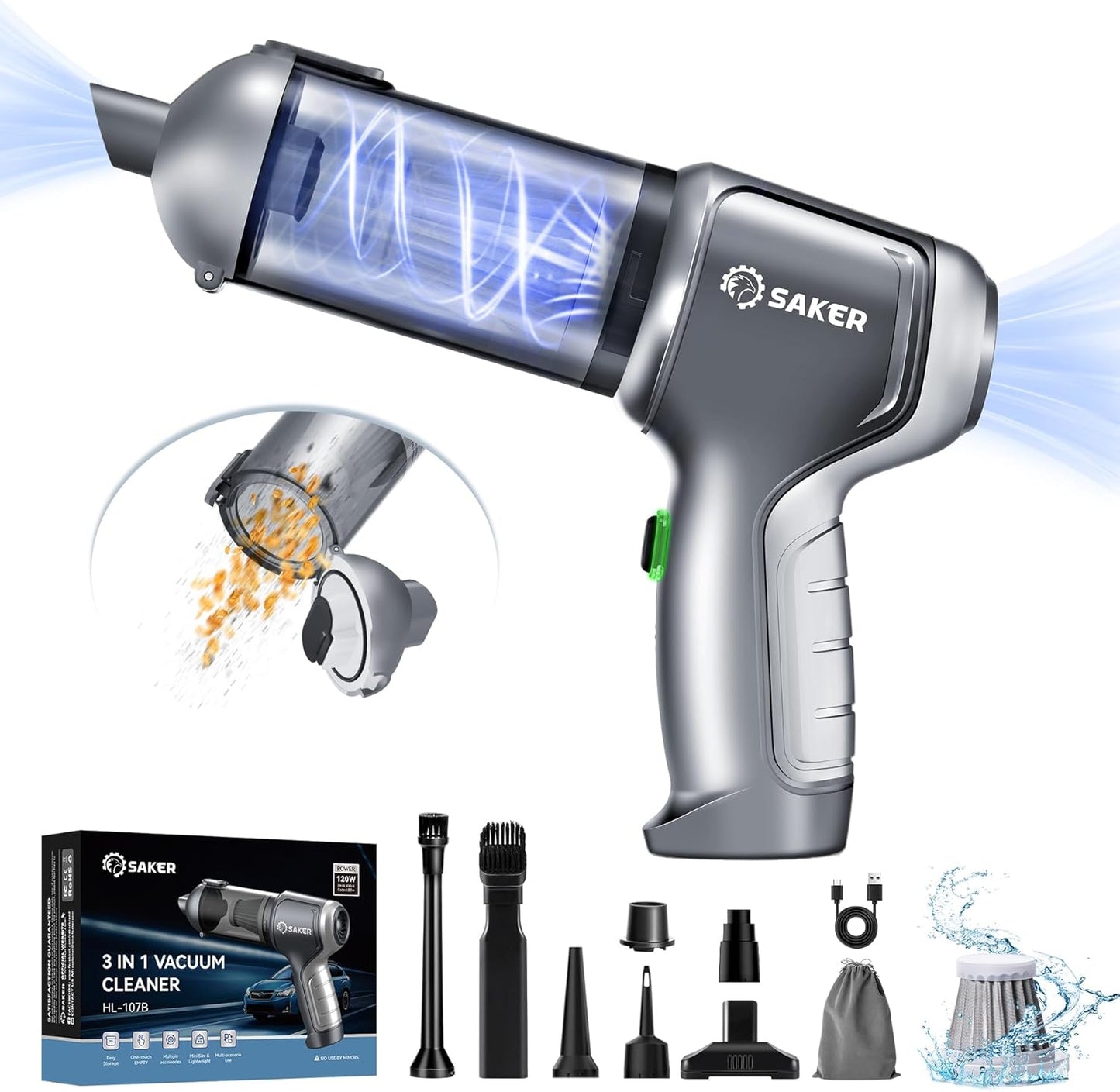 Saker Car Vacuum Cleaner Portable Cordless 14000PA,3 in 1 Handheld Car Vacuum with Brushless Motor One-Click Dust Removal for Cars,Office and Home Cleaning Dark Gray Silver