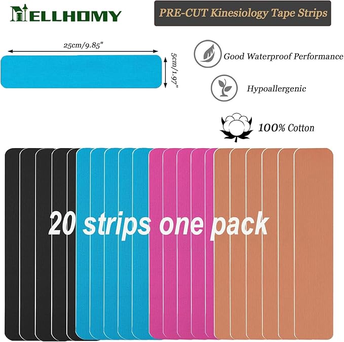 Kinesiology Tape -20 Precut Strips | Pure Cotton Athletic Tape,Waterproof Breathable Elastic Latex Free Sport Tape for Joints Support & Muscle Pain Relief,for Any Activity (Mix-4)