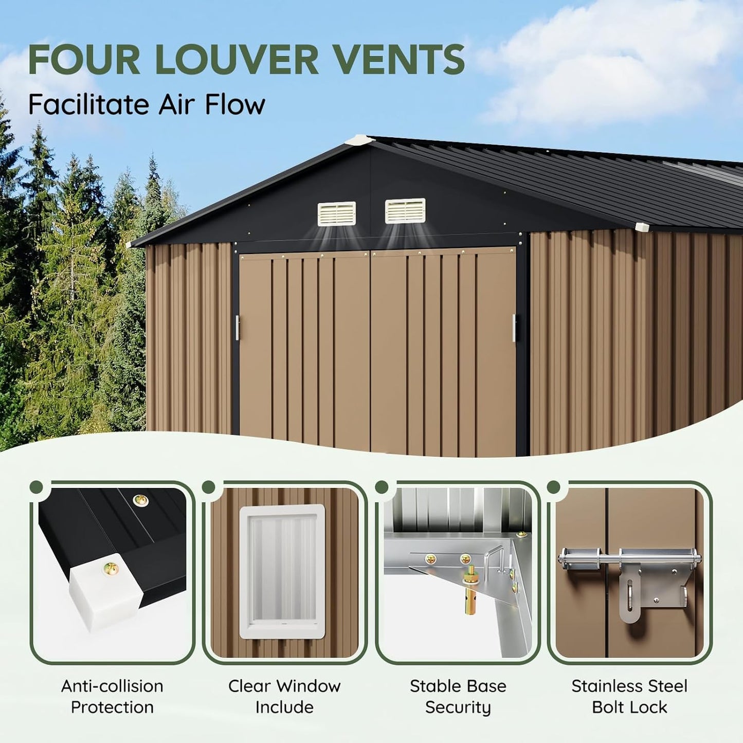 10x12 FT Outdoor Metal Storage Shed with Floor Frame, Double Swing Doors, 2 Clear Windows, Replaceable Skylight Roof Panel, Tool Shed for Garden, Patio, Backyard Brown