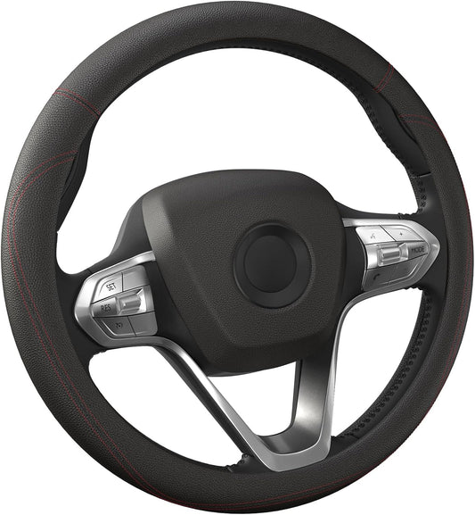 HOTOR Car Steering Wheel Cover - Universal Car Accessory for Diverse Cars, Durable Leather Cover with Anti-Slip Lining, for Steering Wheel with a Diameter of 14.5"-15", Black with Red line