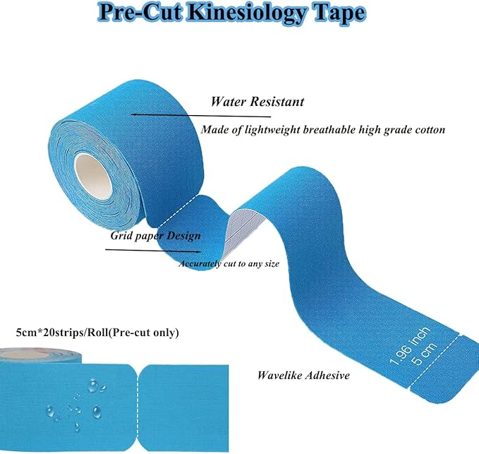 Kinesiology Tape Precut, Waterproof Sports Tape for Recovery Sports Athletic Physio Therapy Injury. Athletic Tape for Ankle Muscles,Elbow, Knee,Shoulder (3Rolls,60 Precut Strips, Blue)