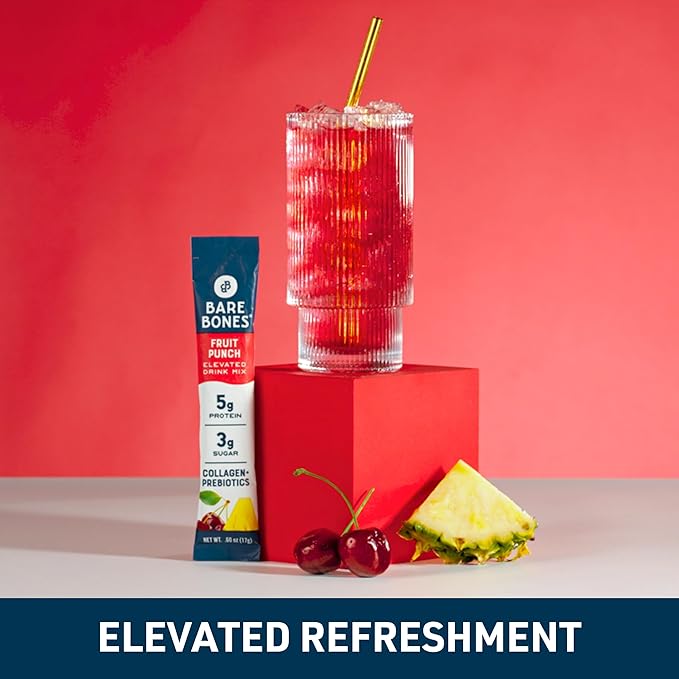 Bare Bones Fruit Punch Elevated Drink Mix | Collagen & Prebiotics | Gluten-Free & Naturally Sweetened | On-The-Go Stick Single-Serve Packs Powdered Refreshment | 5g Protein | 16 Packets (.60 oz)