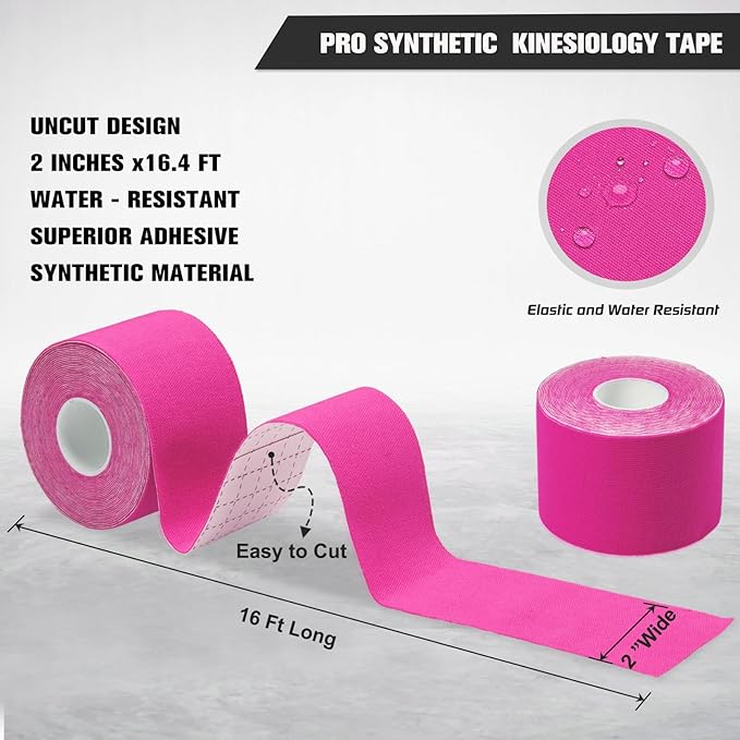 Pro Synthetic Kinesiology Tape 2 Rolls, Athletic Sports Tape for Muscle Joint Support, Pain Relief for Knee Elbow Wrist Ankle, 2 in x 16.4 Ft, Pink