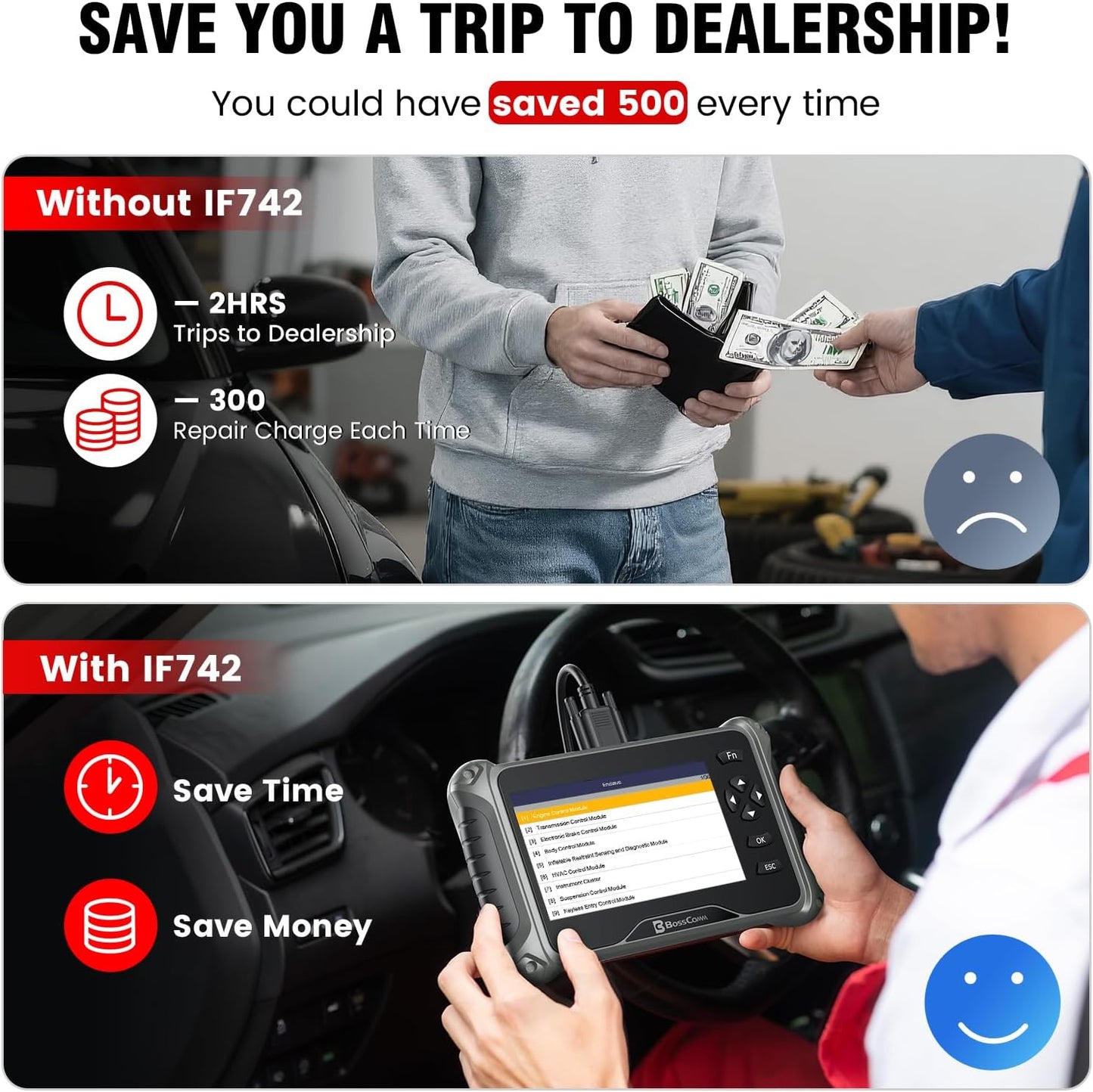 BOSSCOMM IF742 OBD2 Scanner, ABS/SRS/Transmission/Check Engine Code Reader Scan Tool with 6 Resets, ABS Bleeding/Oil/EPB/SAS/Throttle/BMS, Car Scanner Diagnostic Tool for All Cars, Upgraded of IF740