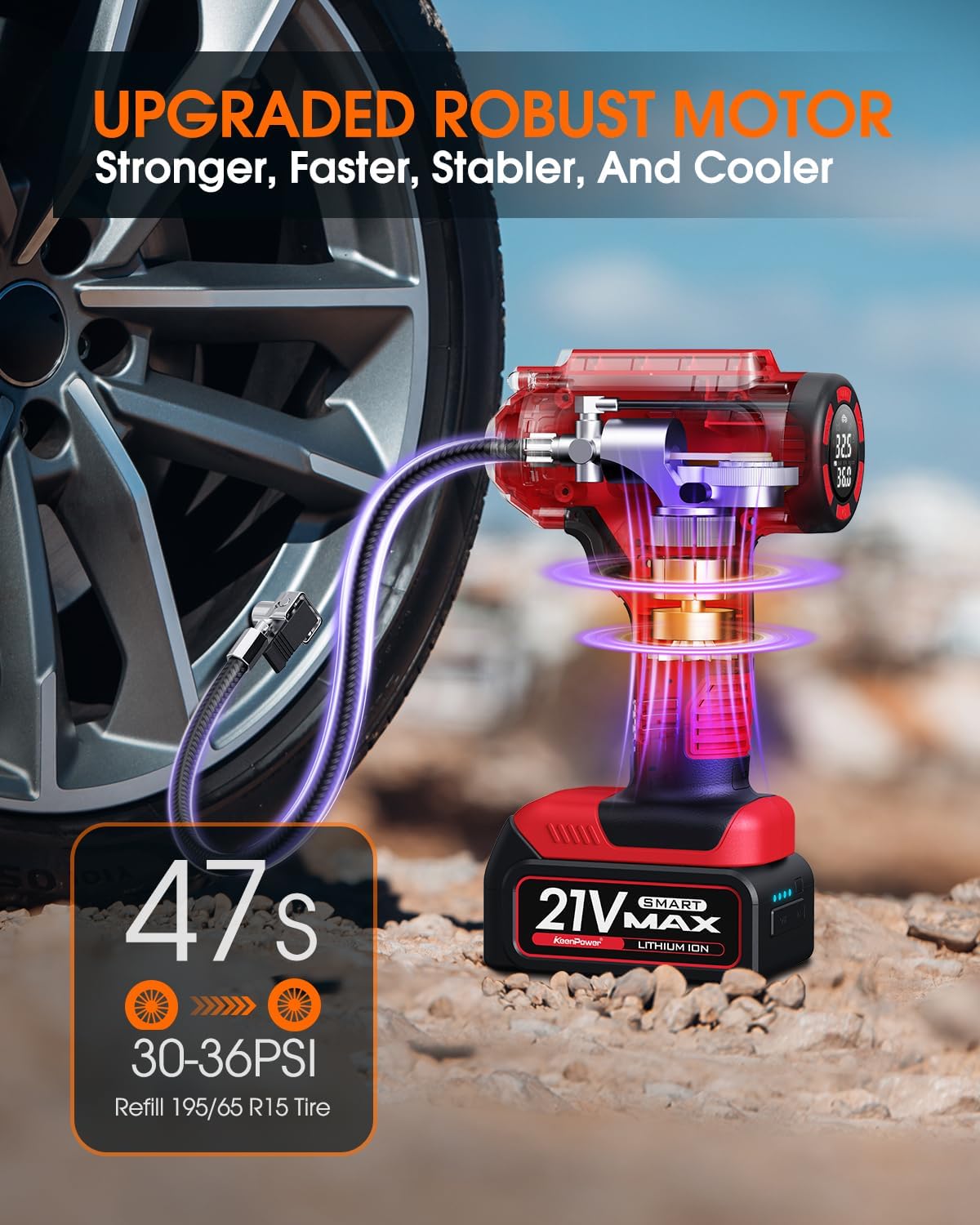Cordless Tire Inflator Portable Air Compressor, 160PSI Car Tire Air Pump, 21V Rechargeable Battery Powered Air Compressor, Dual Power, Larger HD Digital Gauge w/4+N Smart Modes (Red)