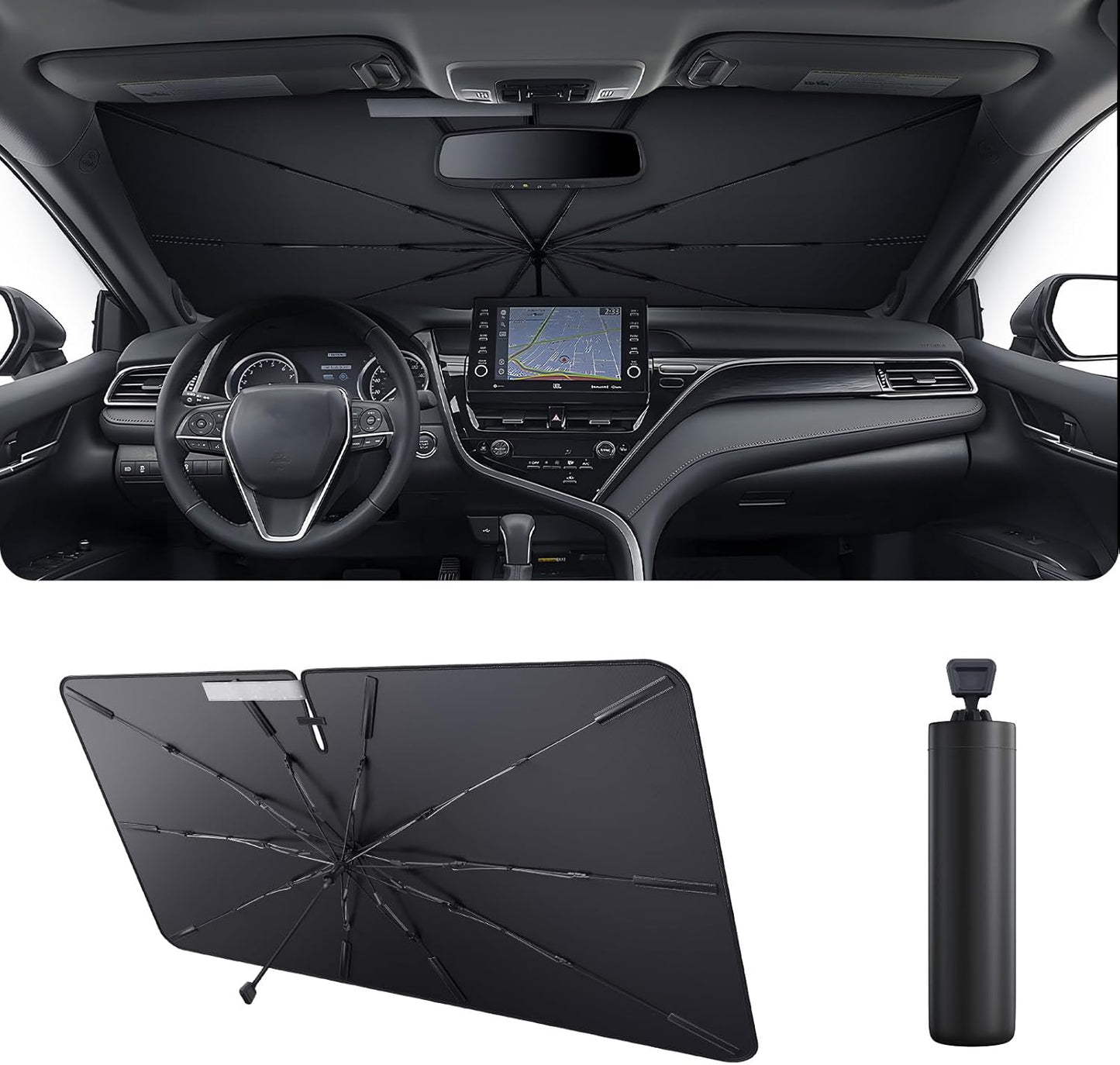 2025 Upgrade Car Windshield Sun Shade Windshield Sunshade Umbrella [Star Fabric] Protect Car from Sun Rays&Heat Damage Keeps Vehicle Cool, Spring Structure Edge Fits Sedans,SUVs,Trucks,Hatchbacks (S2)