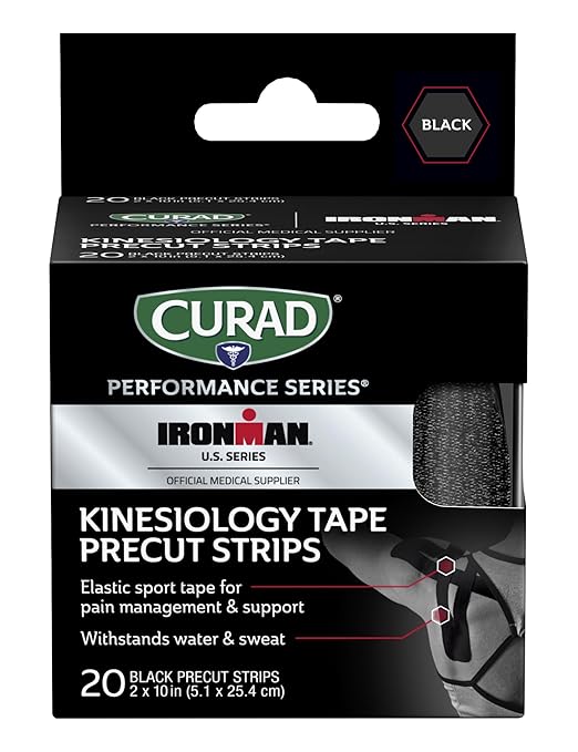 CURAD Performance Series IRONMAN Kinesiology Tape, Pain Management Technology, Sweat & Water-Resistant Athletic Tape, Compression Support for Joints & Muscles, Black, 2 x 10 inches, 1 Roll (20 Strips)