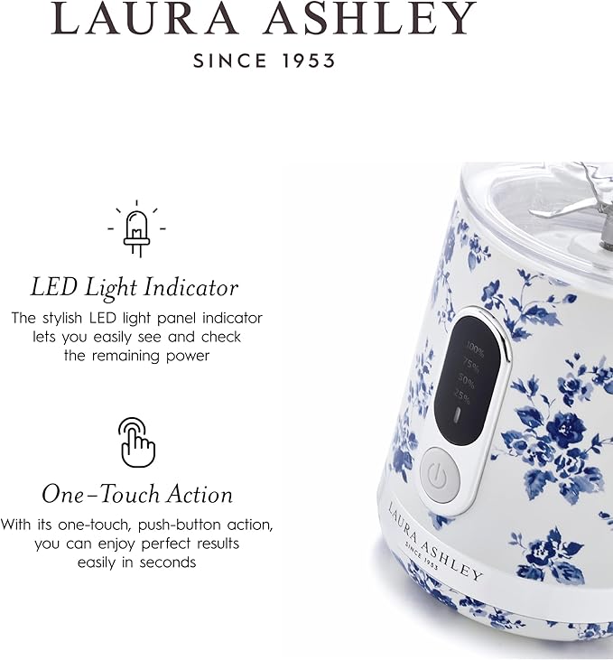 Laura Ashley Portable Blender by VQ - Compact, Powerful & Easy to Use USB Rechargeable Mini Blender for Smoothies and Shakes With 450 mL Bottle - for Kitchen/Gym/Travel