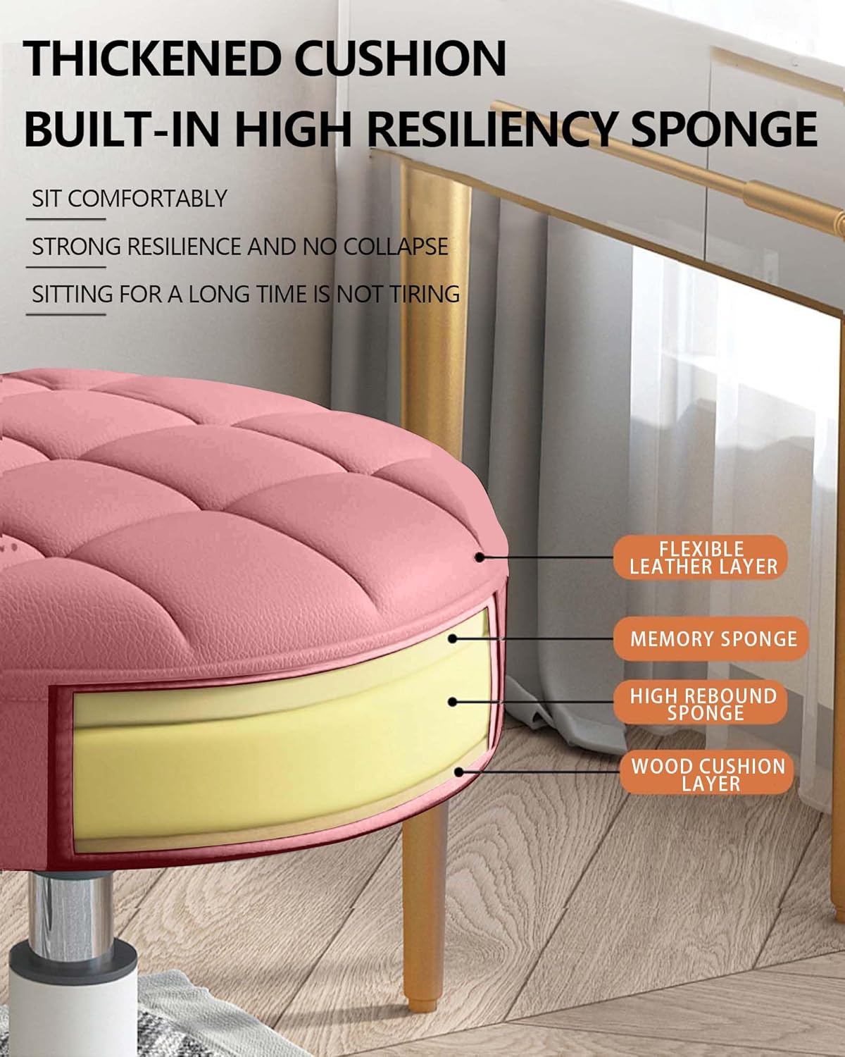 Small Chair Round Rolling Stool with Wheels PU Leather Height Adjustable Swivel Drafting Work SPA Salon Stools Home Office Chair