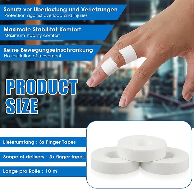 Finger Tape, 0.5 Inch x 10 Yard White Athletic Tape Extra Strong Adhesive, 3 Rolls Sport Tape, Medical Tape, Foot Tape for Rock Climbing, Grappling, Basketball, Lifters and BJJ Finger Tape