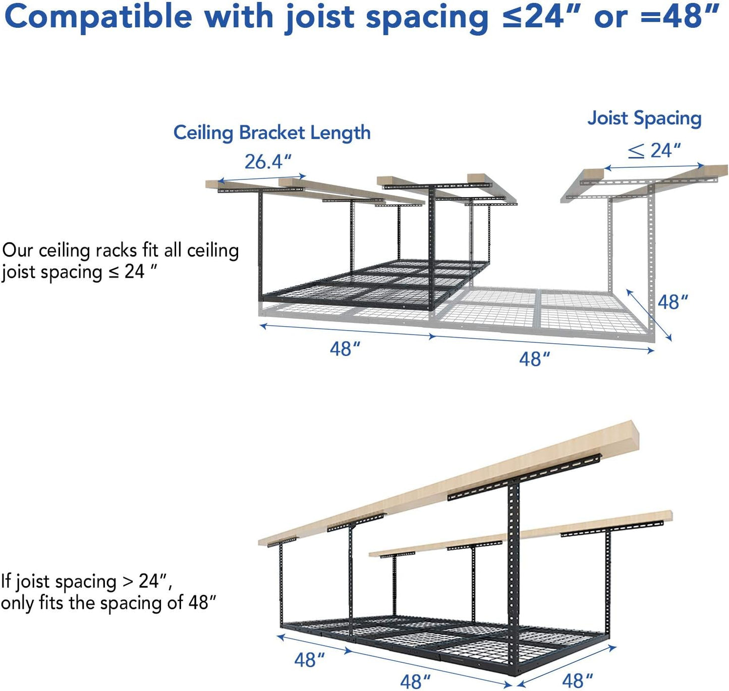 FLEXIMOUNTS 4x8 Overhead Garage Storage Rack, Adjustable Organization System, Heavy-Duty Metal Ceiling Racks, 600lbs Weight Capacity, Hammertone