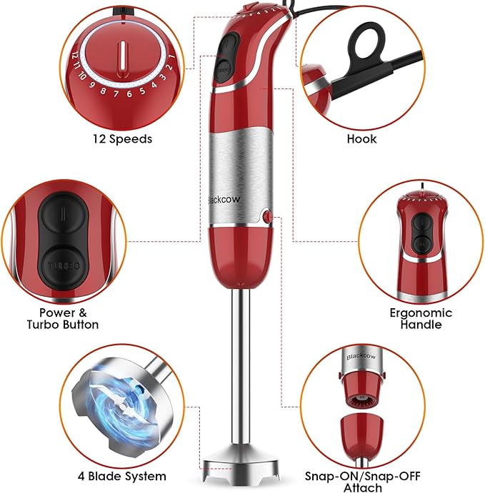 Powerful Immersion Blender 3.0, BPA-Free, 800W Electric Hand Blender with 12-Speed&Turbo, Stick Blender for Soup, Smoothie, Puree, Detachable Base, 304 Stainless Steel 3D Blades, Red