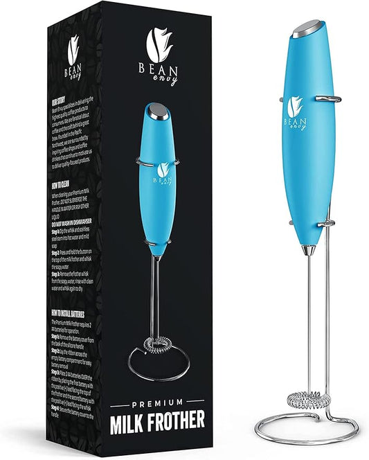 Bean Envy Milk Frother Handheld for Coffee - Electric Hand Blender, Mini Drink Mixer Whisk & Coffee Foamer Wand with Stand for Lattes, Cappuccino, Matcha and Hot Chocolate - Kitchen Gifts - Light Blue