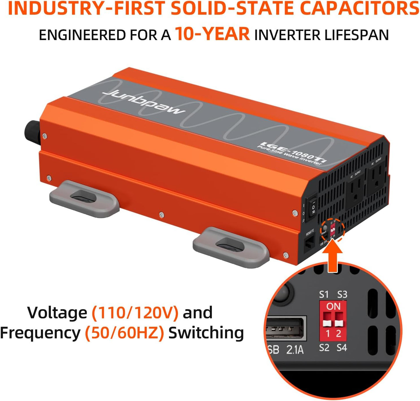 1080 Watt Pure Sine Wave Inverter, Remote Monitor Controller 12V DC to 120V AC Converter for Home, RV, Truck, Off-Grid Solar Power 110V with Built-in 5V/2.1A USB Port, Pre-Charge Function