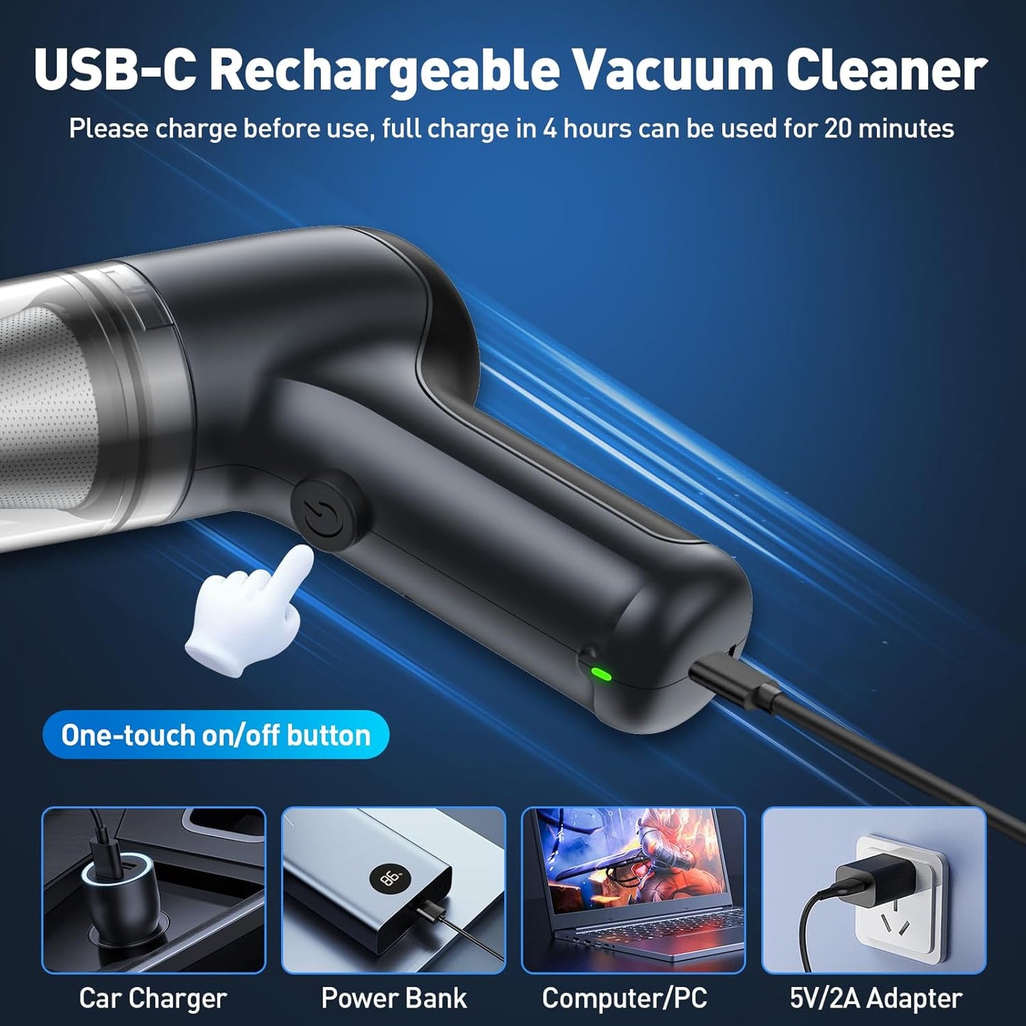 Mini Vacuum Cleaner, 120W High Power Handheld Car Vacuum Cleaner, 2 in 1 Air Duster and Hand Held Vacuum Portable Cordless, Rechargeable Small Vacuum for Car, Home, Office, Pet（Black）