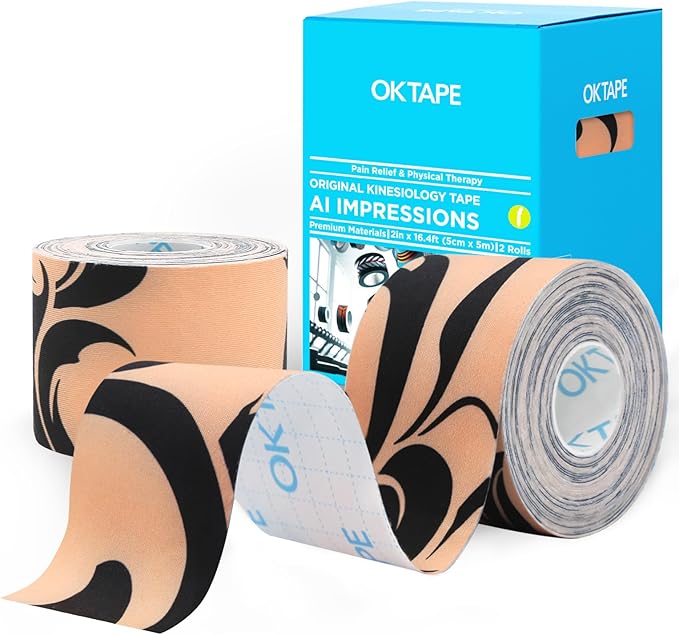 OK TAPE Synthetic Kinesiology Tape, Elastic Physical Therapy Athletic Tape for Pain Relief & Muscle Support, Uncut Kinetic Tape, 2in x 16.4ft- 2 Rolls (Flower)