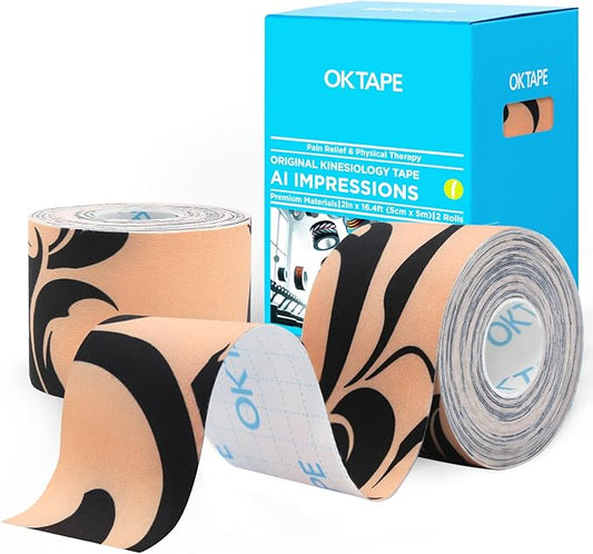OK TAPE Synthetic Kinesiology Tape, Elastic Physical Therapy Athletic Tape for Pain Relief & Muscle Support, Uncut Kinetic Tape, 2in x 16.4ft- 2 Rolls (Flower)