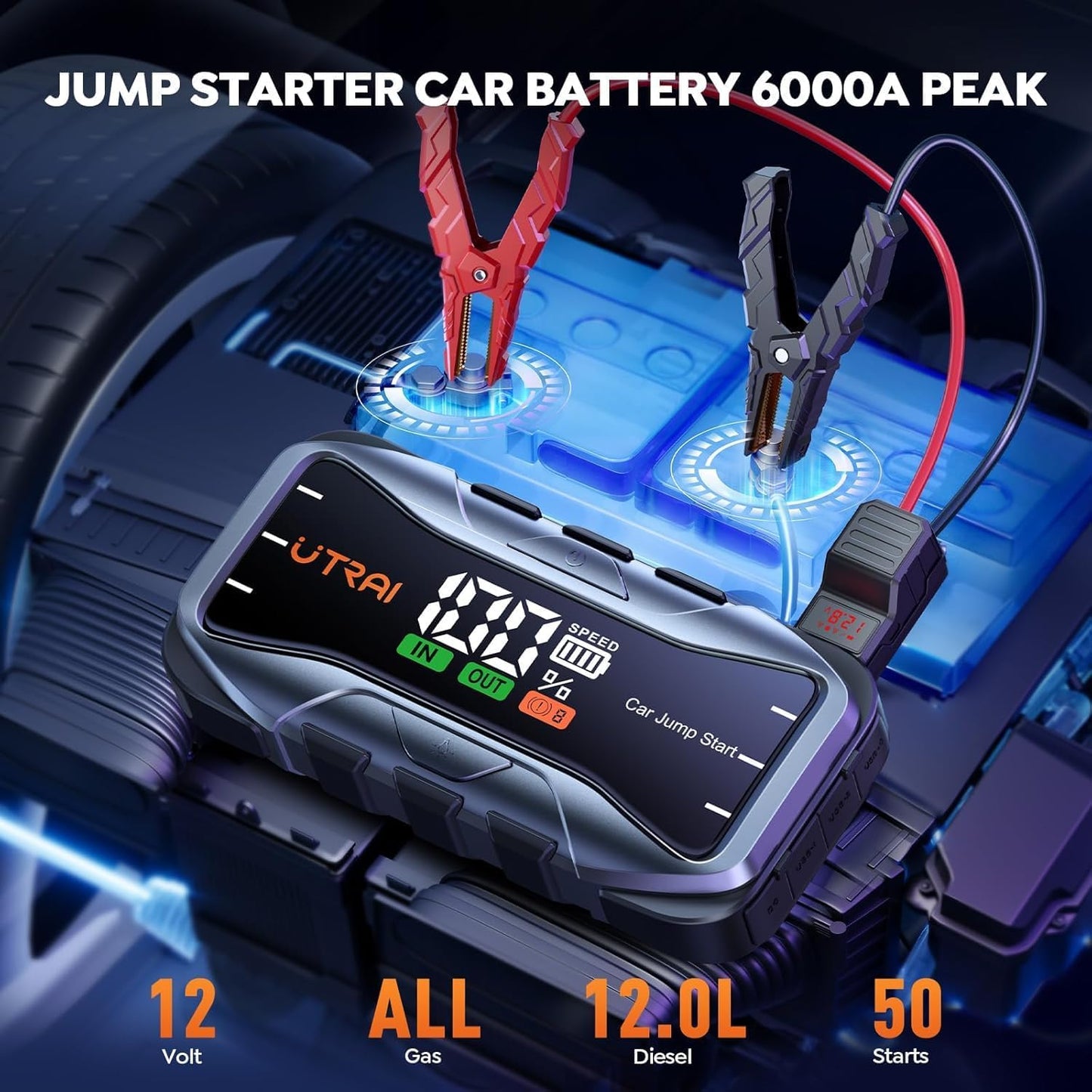 UTRAI 6000A Portable Jump Starter for Car, 12V Battery Jumper 27000mAh Jump Box for All Gas and 12L Diesel Engines, 65W Fast Charging Type-C Jump Pack, 2 USB Output, DC Output, 600LM LED Flashlight
