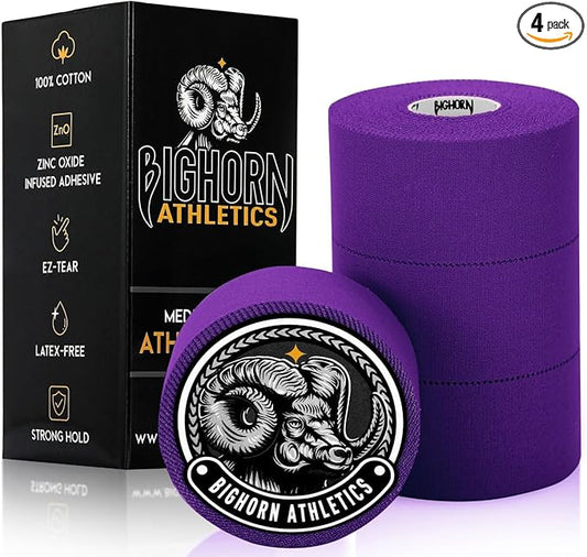 Bighorn Athletics Sports Tape | EZ-Tear Purple Athletic Tape for Wrist, Ankle & Foot Support | Zinc Oxide Infused & Latex-Free Adhesive, Breathable Cotton Fabric, 1.5-Inch x 45-Feet, 4 Rolls, Purple