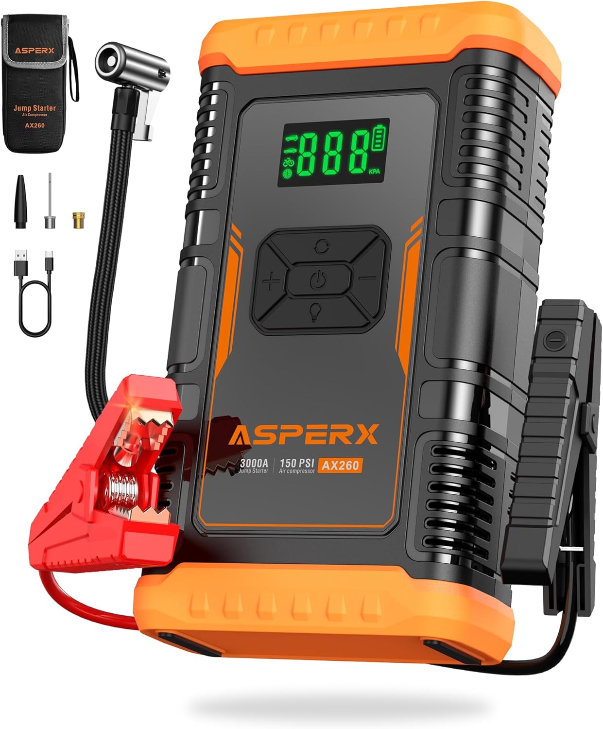 ASPERX Jump Starter with Air Compressor,【Upgrade & Safety Certs】10L Gas/8L Diesel(Almost All Cars) 12V Jumper Box Car Battery Jumper Starter Portable with Tire Inflator, Jumper Cables, Display & Light